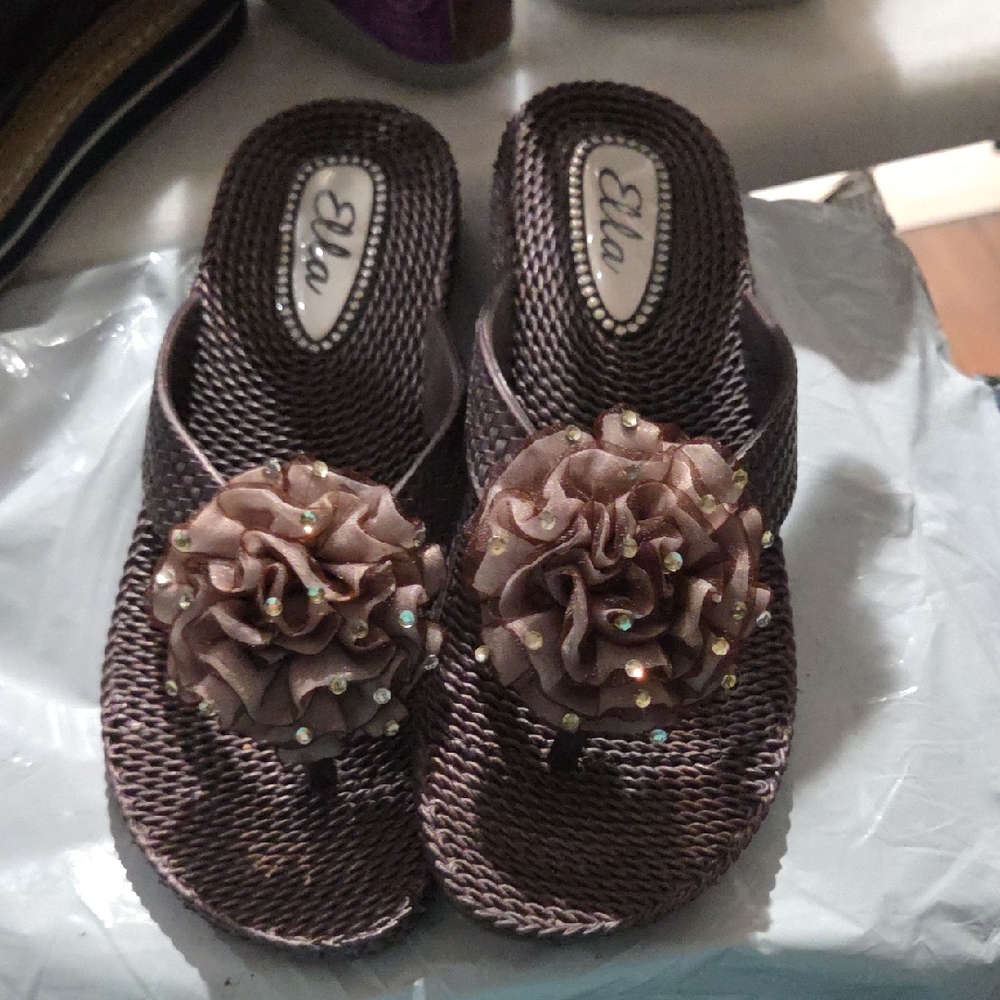 Ella Dark Brown Sandals with Embellished Floral Accent